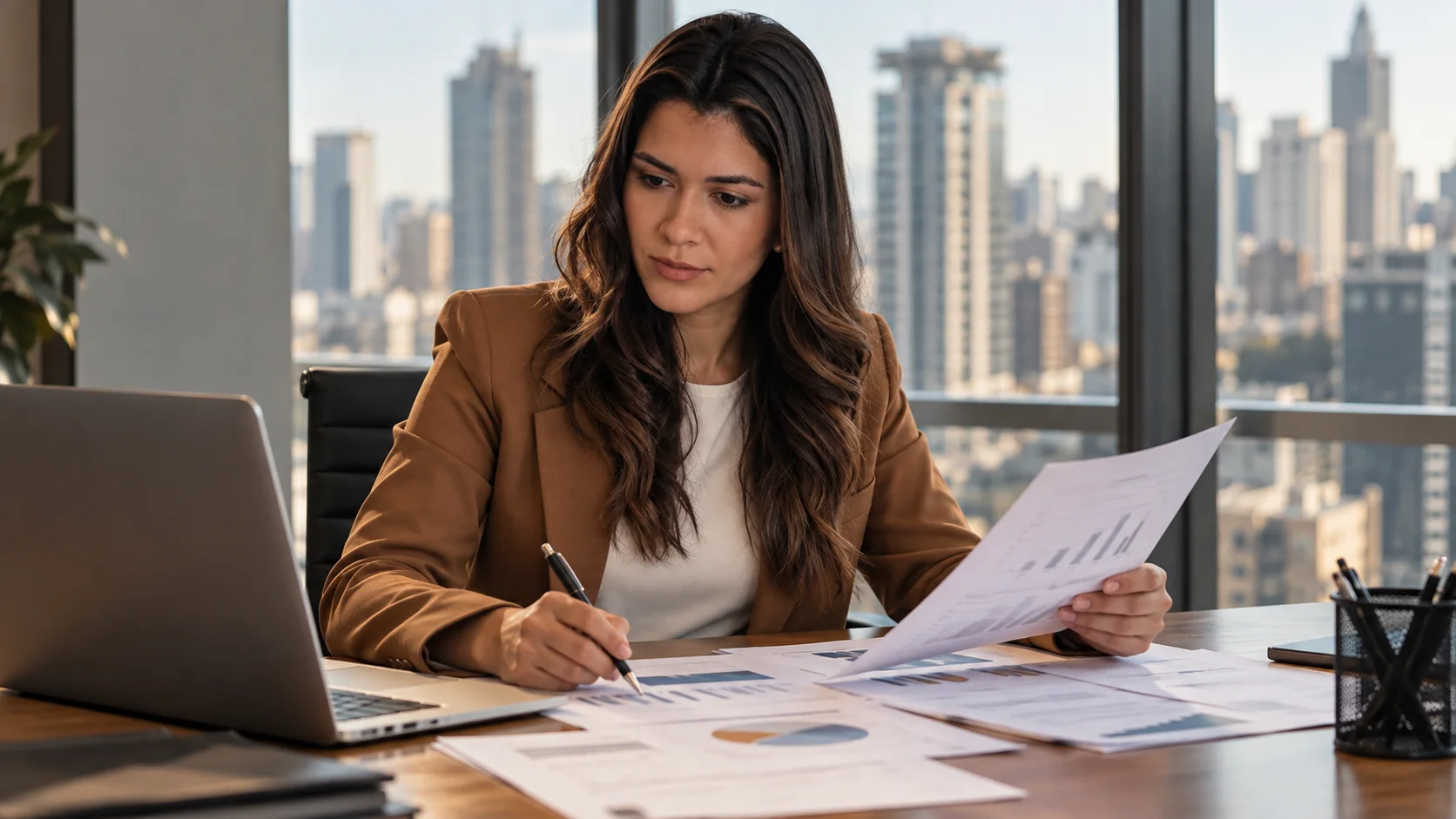 Empresária analisando relatórios financeiros em um escritório