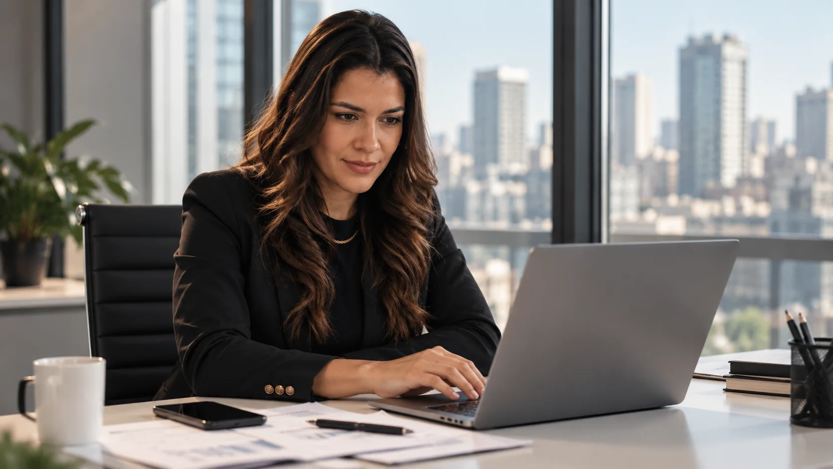 Empresária trabalhando em um notebook em escritório com vista para a cidade